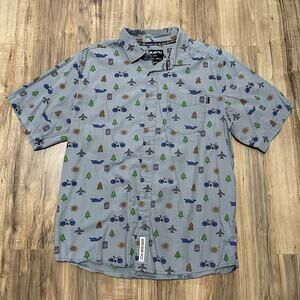 Kavu Mens Size Large Button Up Grey Travel Airplane Nature Bicycle Narwal Shirt
